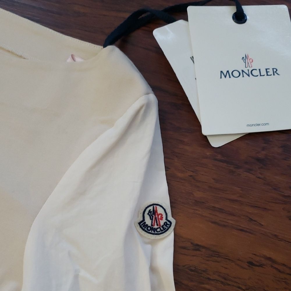 Moncler Twotone Cream Cotton Puff Sleeve Dress Size Medium NEW Retro Y2K Preppy - Picture 2 of 11